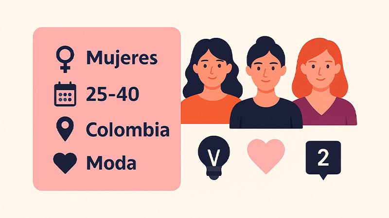 Infografía minimalista que muestra un público objetivo de mujeres de 25 a 40 años en Colombia interesadas en moda.