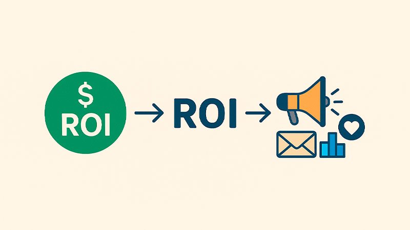 Cómo Aplicar El Roi En Estrategias De Marketing Digital. • Lemarking.com Aplicación del ROI en marketing digital con iconos de publicidad, email y métricas.