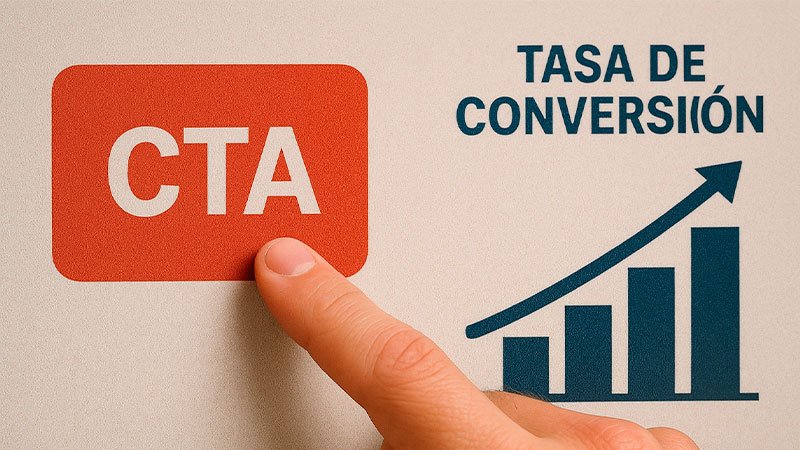 Botón CTA junto a gráfico de tasa de conversión ascendente en marketing digital