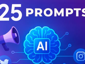 Ilustración de inteligencia artificial aplicada a anuncios de marketing con íconos de redes sociales y conversión.