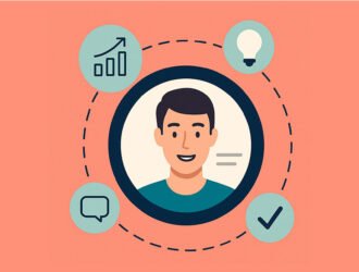 Ilustración de buyer persona con avatar central y elementos visuales de datos, comunicación, ideas y validación.