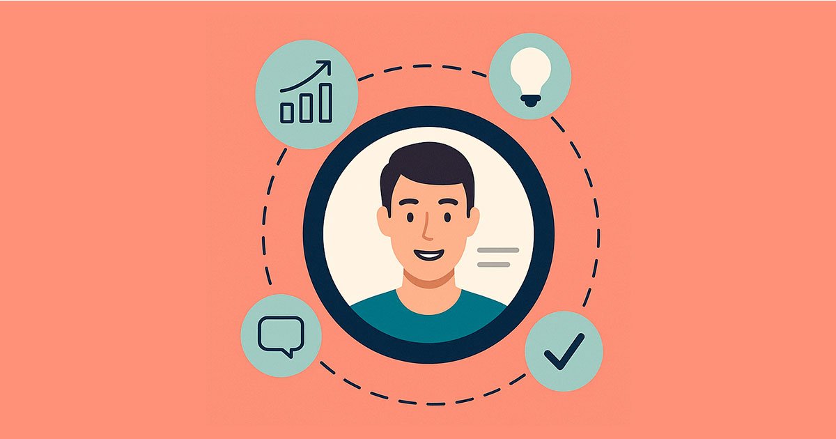 Ilustración de buyer persona con avatar central y elementos visuales de datos, comunicación, ideas y validación.