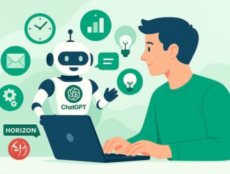 Ilustración vectorial de persona usando ChatGPT con iconos de productividad y ahorro de tiempo.