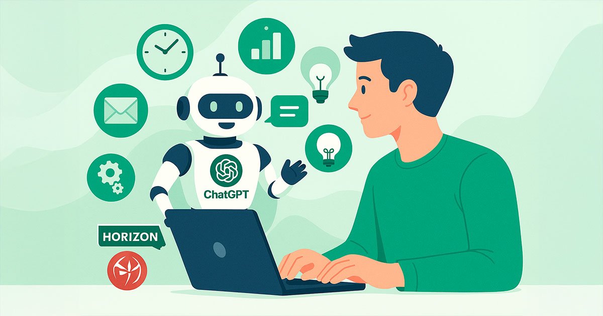 Cómo Usar Chatgpt Para Ahorrar Tiempo Y Aumentar La Productividad. • Lemarking.com Ilustración vectorial de persona usando ChatGPT con iconos de productividad y ahorro de tiempo.