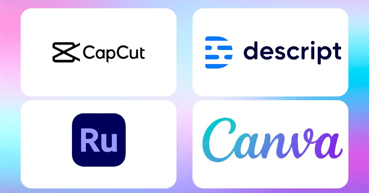 Logotipos de CapCut, Descript, Adobe Premiere Rush y Canva, herramientas de edición de video y creación de contenido.