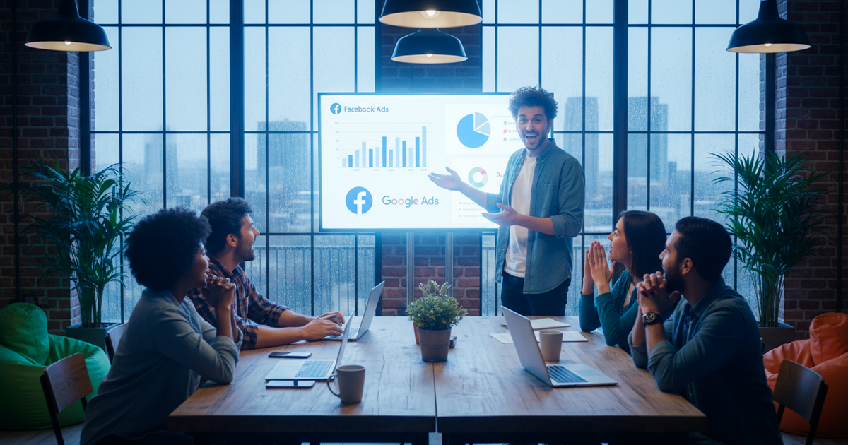 Equipo de marketing en reunión analizando resultados de Facebook Ads y Google Ads en una presentación de datos.