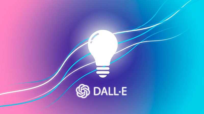 Bombillo brillante con ondas de color y logo de DALL·E, simbolizando creatividad e innovación con inteligencia artificial.