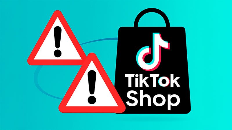 Iconos de advertencia rojos junto a bolsa con logo de TikTok Shop, representando errores comunes que evitar en ventas online.