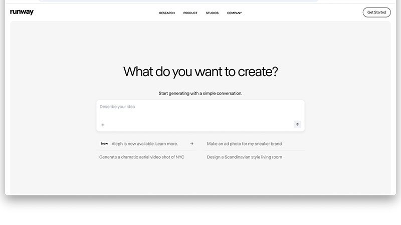 Captura de pantalla de la página oficial de RunwayML mostrando la interfaz para crear videos con IA.