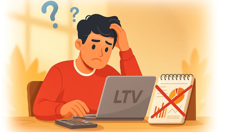 Ilustración flat de un analista confundido frente a una calculadora y gráficos desordenados, representando errores frecuentes al calcular el Lifetime Value (LTV) en marketing.