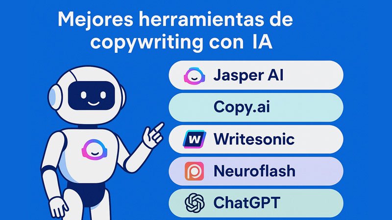 Mejores Herramientas De Copywriting Con Ia: Jasper, Copy.ai, Writesonic, Neuroflash Y Chatgpt • Lemarking.com Infografía digital que muestra las mejores herramientas de copywriting con inteligencia artificial en 2025: Jasper AI, Copy.ai, Writesonic, Neuroflash y ChatGPT.