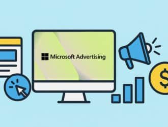 Ilustración de Microsoft Advertising con computadora, anuncios digitales, megáfono, gráfico y monedas distribuidos de forma clara.