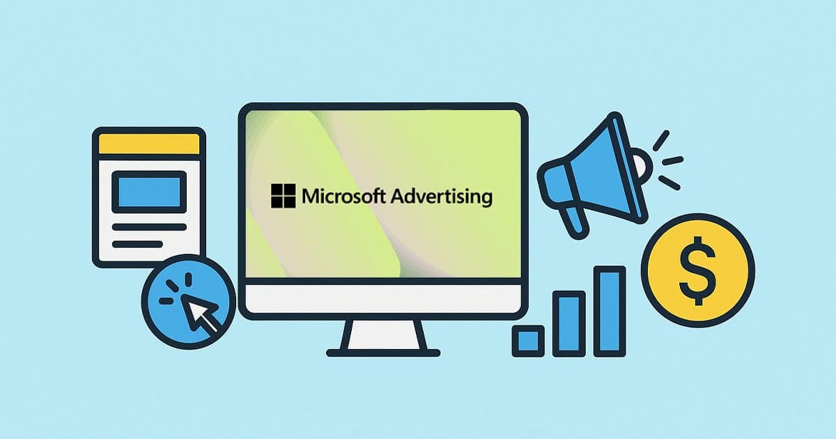 Ilustración de Microsoft Advertising con computadora, anuncios digitales, megáfono, gráfico y monedas distribuidos de forma clara.