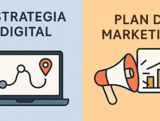 Infografía que compara Estrategia Digital y Plan de Marketing, mostrando objetivos frente a acciones.