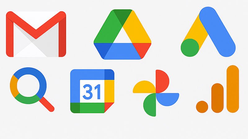 Colección de herramientas de Google en ilustración digital, mostrando aplicaciones como Gmail, Google Drive, Analytics y otras, representadas con íconos coloridos.
