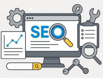 Ilustración que representa herramientas de SEO con computadora, lupa, engranajes y gráficos ascendentes.