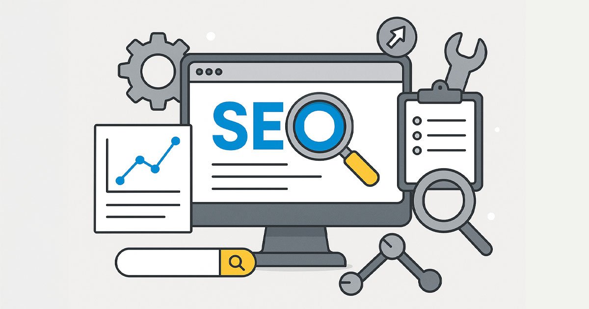 Herramientas De Seo Para Posicionar Tu Negocio. • Lemarking.com Ilustración que representa herramientas de SEO con computadora, lupa, engranajes y gráficos ascendentes.