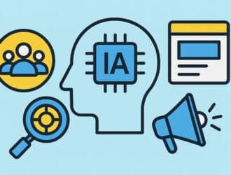 Ilustración conceptual sobre IA en publicidad con cerebro digital, megáfono, usuarios segmentados y lupa de precisión.