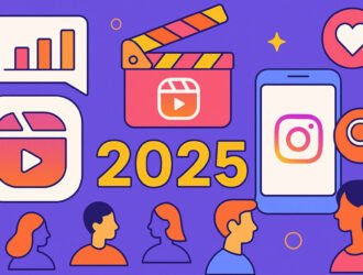 Ilustración conceptual sobre Instagram Reels 2025 con smartphone, íconos de video, gráfico de tendencias y cambios de algoritmo.