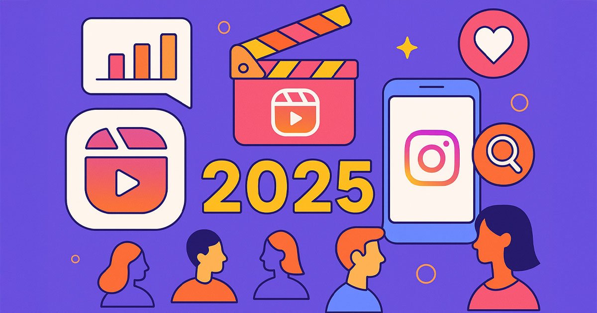 Instagram Reels 2025: Tendencias Y Cambios Del Algoritmo • Lemarking.com Ilustración conceptual sobre Instagram Reels 2025 con smartphone, íconos de video, gráfico de tendencias y cambios de algoritmo.