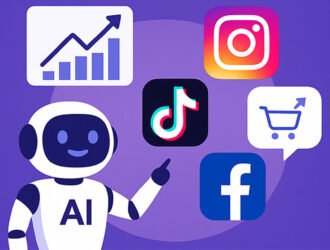 Ilustración digital de inteligencia artificial aplicada a redes sociales mostrando conexión con plataformas de ventas.