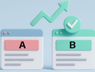 Ilustración 3D horizontal con dos pantallas comparativas que representan una prueba A/B, con flecha ascendente y check de validación.
