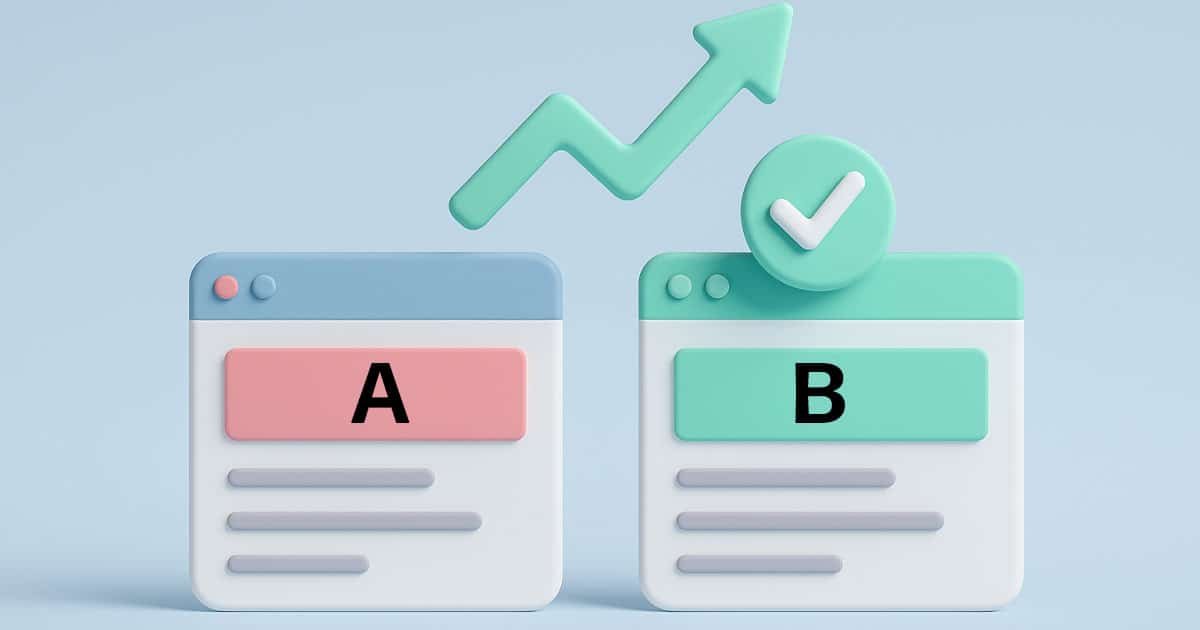 Ilustración 3D horizontal con dos pantallas comparativas que representan una prueba A/B, con flecha ascendente y check de validación.