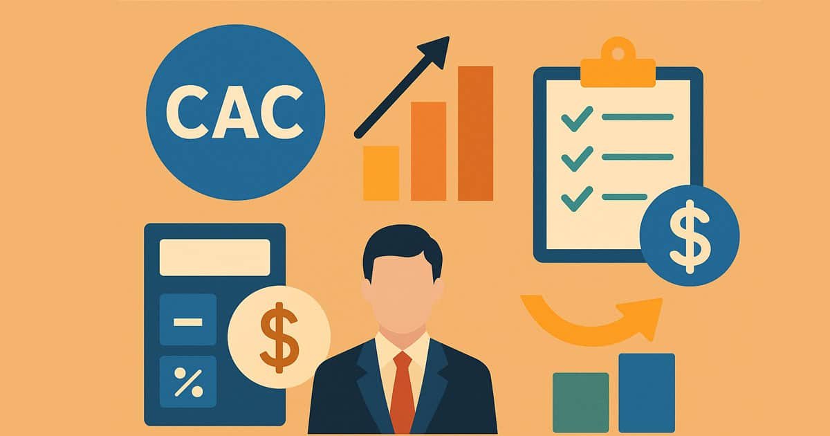 lustración sobre CAC mostrando cálculo de costo de adquisición de clientes con gráficos, dinero y métricas