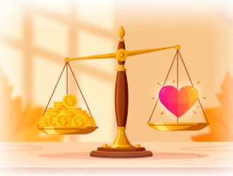 Ilustración de balanza con monedas de oro y un corazón, representando el cálculo del Lifetime Value (LTV) entre ingresos y lealtad del cliente.