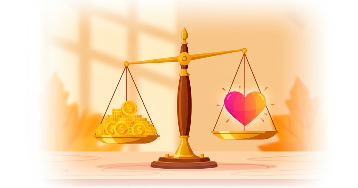 Ilustración de balanza con monedas de oro y un corazón, representando el cálculo del Lifetime Value (LTV) entre ingresos y lealtad del cliente.