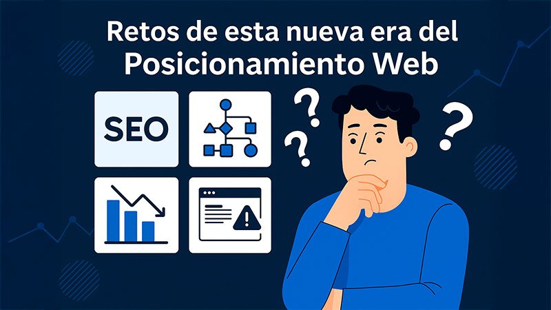 Ilustración digital que representa los retos del posicionamiento web en la nueva era del SEO, con conceptos de algoritmos, datos y análisis de tendencias.
