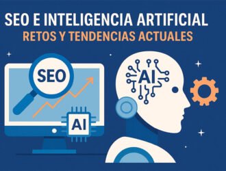Ilustración digital sobre SEO e Inteligencia Artificial en 2025 con gráficos de análisis, algoritmos y tendencias digitales.