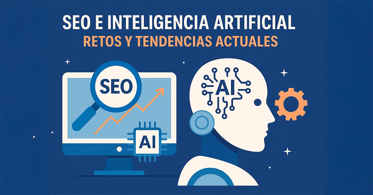Ilustración digital sobre SEO e Inteligencia Artificial en 2025 con gráficos de análisis, algoritmos y tendencias digitales.