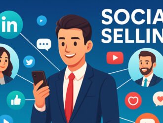 Ilustración digital que muestra el concepto de Social Selling con redes sociales, estrategias digitales y conexión con clientes.
