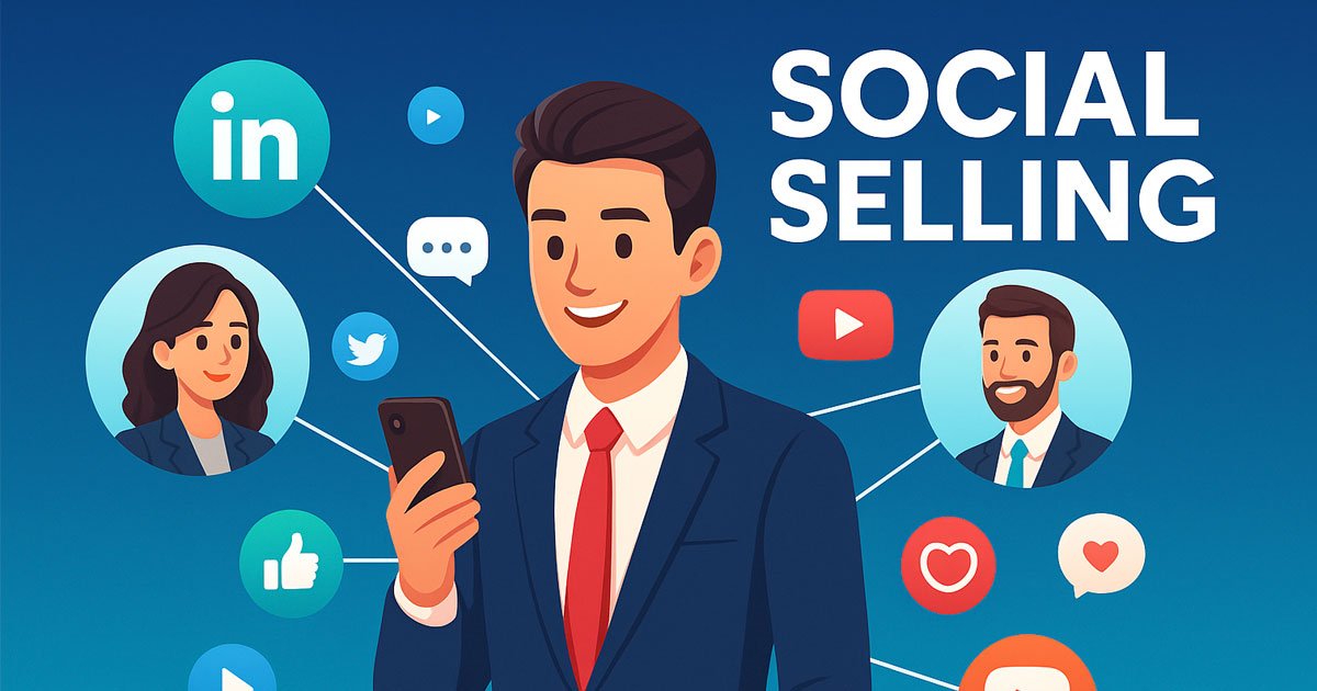 Ilustración digital que muestra el concepto de Social Selling con redes sociales, estrategias digitales y conexión con clientes.