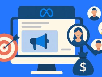 Ilustración que representa la segmentación de anuncios en Meta Ads con público objetivo, diana, magnifying glass y monitor con anuncio digital.