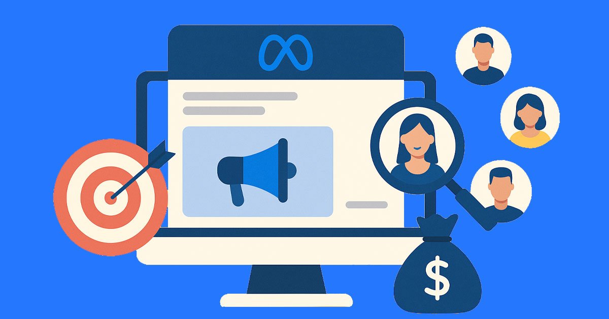 Ilustración que representa la segmentación de anuncios en Meta Ads con público objetivo, diana, magnifying glass y monitor con anuncio digital.