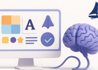 Ilustración 3D de un cerebro digital conectado a una pantalla con estilos visuales y una brújula abstracta que representa Midjourney.