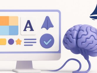 Ilustración 3D de un cerebro digital conectado a una pantalla con estilos visuales y una brújula abstracta que representa Midjourney.