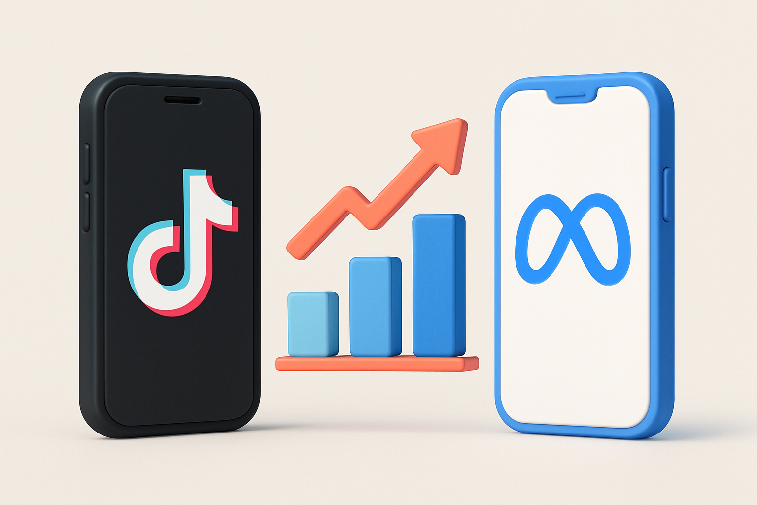 Ilustración comparativa entre TikTok Ads y Meta Ads con smartphones, logos y gráfico de ventas.
