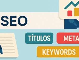 Ilustración sobre prompts para mejorar SEO con enfoque en títulos, metas y keywords, con gráficos de crecimiento y elementos de escritura.